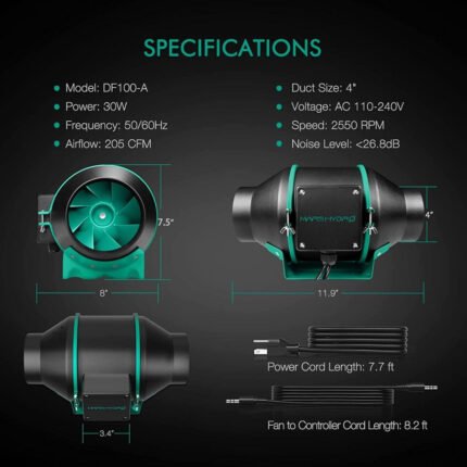 MARS HYDRO 4 INCH INLINE DUCT FAN WITH SPEED CONTROLLER KITS